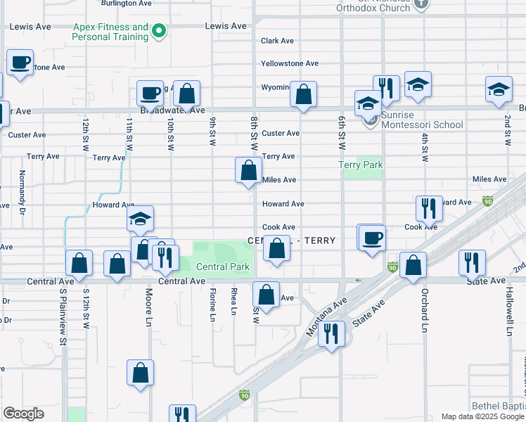 map of restaurants, bars, coffee shops, grocery stores, and more near 149 8th Street West in Billings