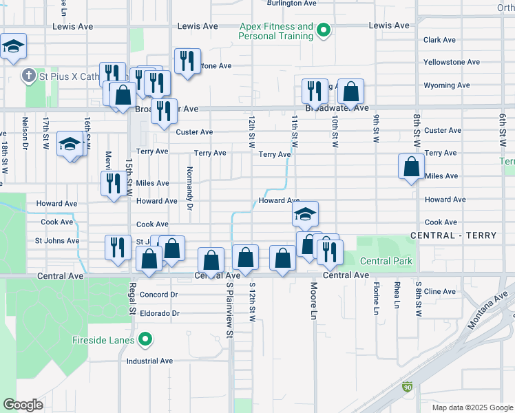 map of restaurants, bars, coffee shops, grocery stores, and more near 214 12th Street West in Billings