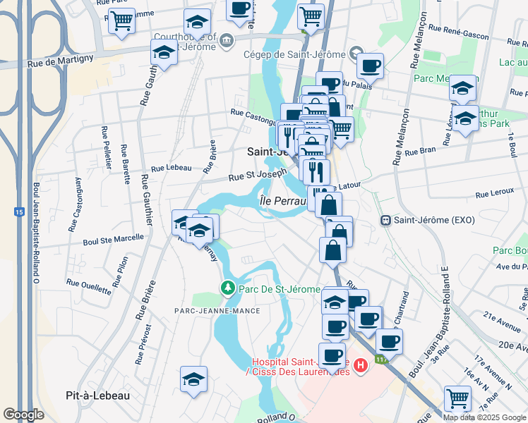 map of restaurants, bars, coffee shops, grocery stores, and more near in Saint-Jérôme