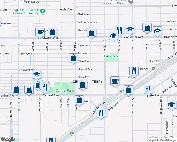 map of restaurants, bars, coffee shops, grocery stores, and more near 706 Howard Avenue in Billings