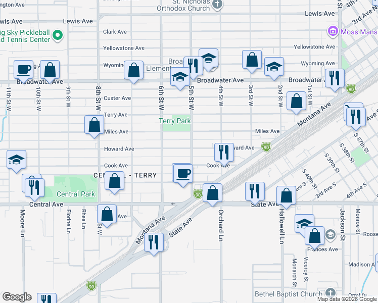 map of restaurants, bars, coffee shops, grocery stores, and more near 210 5th Street West in Billings