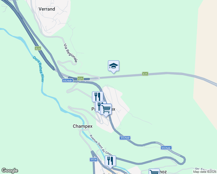 map of restaurants, bars, coffee shops, grocery stores, and more near Strada Statale 26 dir della Valle d'Aosta in Valle d'Aosta