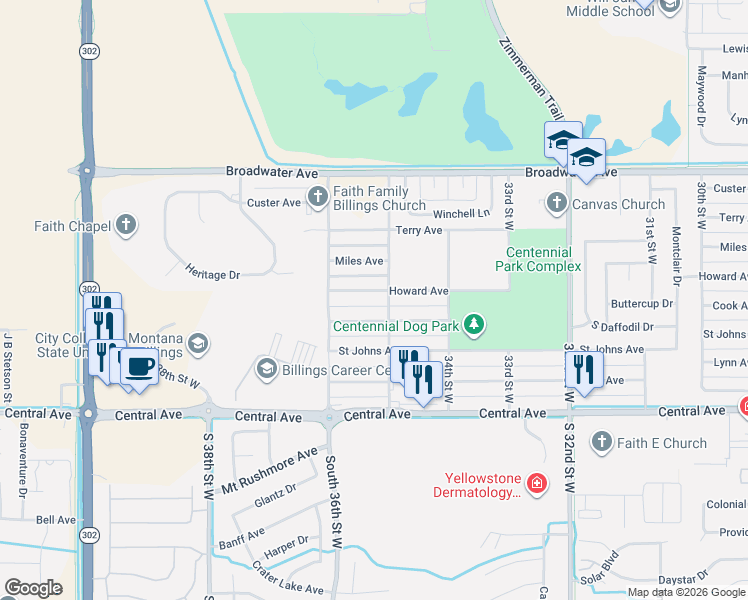 map of restaurants, bars, coffee shops, grocery stores, and more near 3527 Cook Ave in Billings