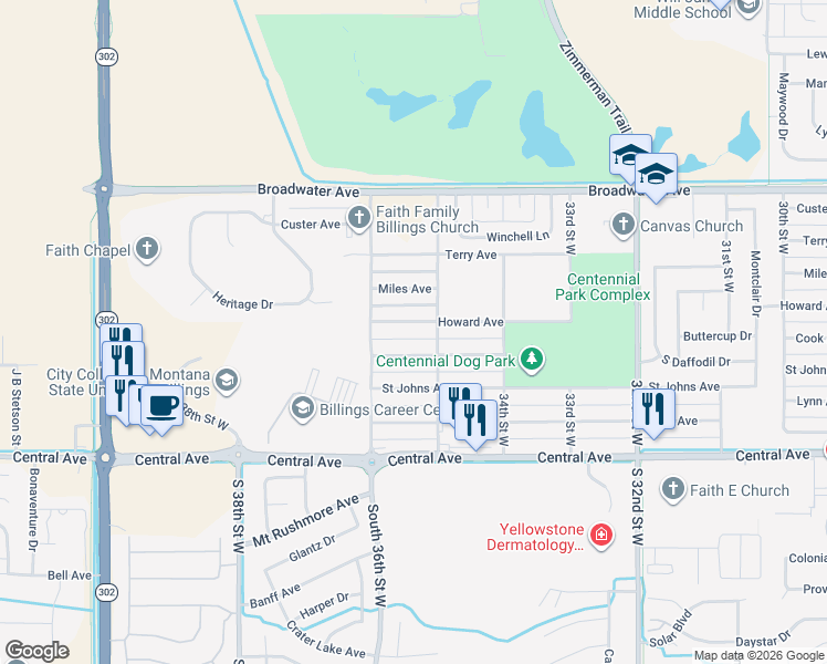 map of restaurants, bars, coffee shops, grocery stores, and more near 3527 Cook Ave in Billings