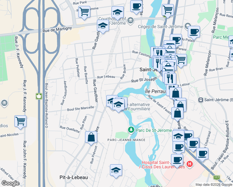 map of restaurants, bars, coffee shops, grocery stores, and more near 207 Rue Brière in Saint-Jérôme