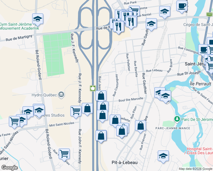 map of restaurants, bars, coffee shops, grocery stores, and more near 528 Impasse du Rocher in Saint-Jérôme