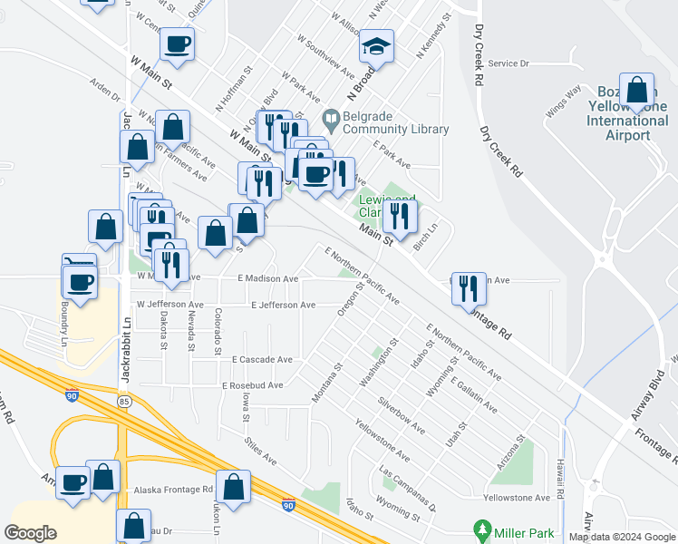 map of restaurants, bars, coffee shops, grocery stores, and more near 306 East Madison Avenue in Belgrade