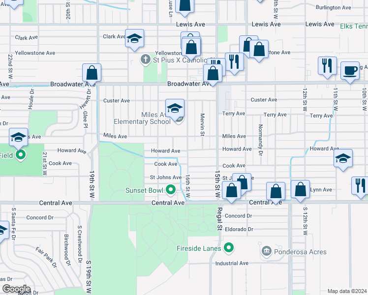map of restaurants, bars, coffee shops, grocery stores, and more near 202 16th St W in Billings