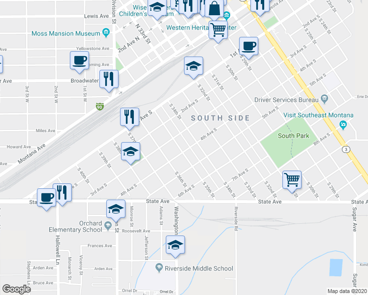 map of restaurants, bars, coffee shops, grocery stores, and more near 323 South 35th Street in Billings