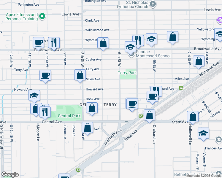 map of restaurants, bars, coffee shops, grocery stores, and more near 628 Howard Avenue in Billings