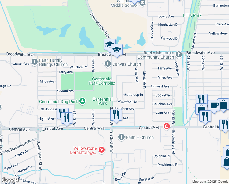 map of restaurants, bars, coffee shops, grocery stores, and more near 300-798 32nd Street West in Billings