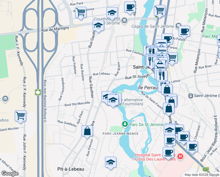 map of restaurants, bars, coffee shops, grocery stores, and more near 207 Rue Brière in Saint-Jérôme