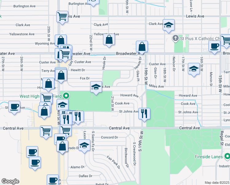 map of restaurants, bars, coffee shops, grocery stores, and more near 2039 Cook Avenue in Billings