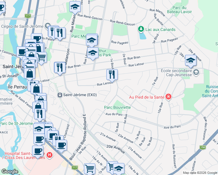 map of restaurants, bars, coffee shops, grocery stores, and more near 158 Rue Labrie in Saint-Jérôme