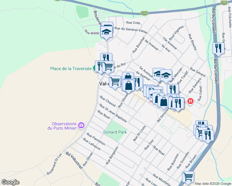 map of restaurants, bars, coffee shops, grocery stores, and more near 252 Rue Saint Hubert in Val-des-Sources