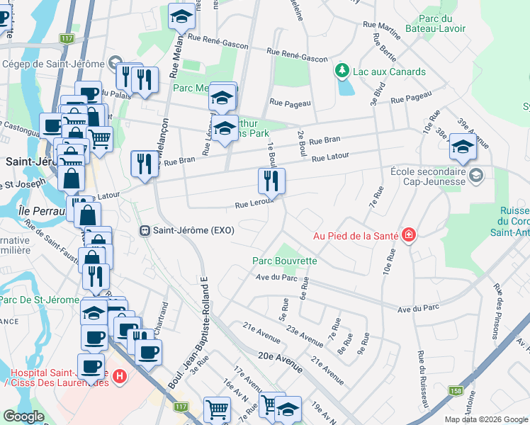 map of restaurants, bars, coffee shops, grocery stores, and more near 158 Rue Labrie in Saint-Jérôme