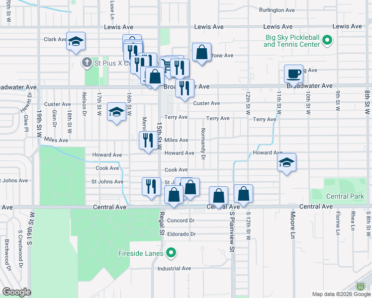map of restaurants, bars, coffee shops, grocery stores, and more near 1407 Miles Ave in Billings