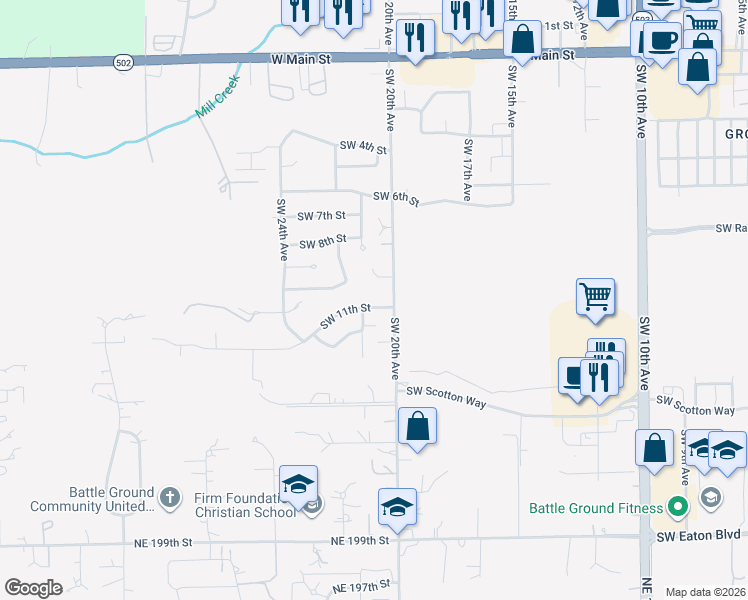 map of restaurants, bars, coffee shops, grocery stores, and more near 2010 Southwest 11th Street in Battle Ground