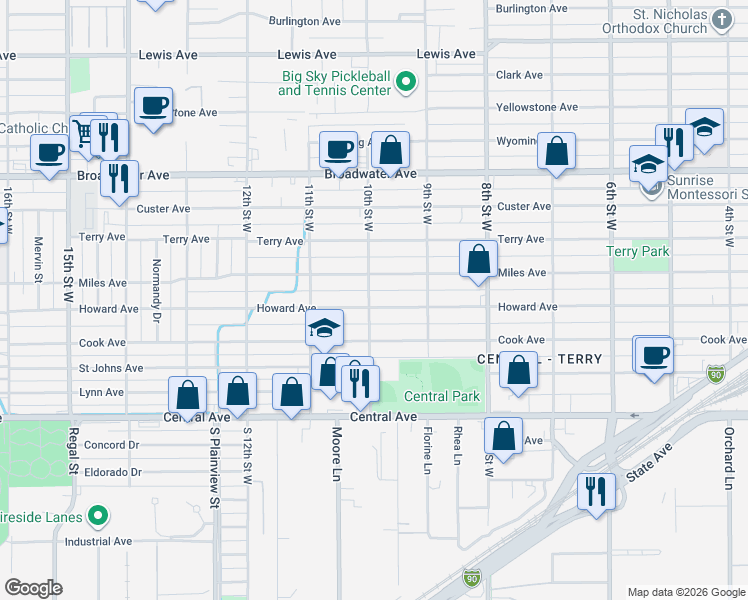 map of restaurants, bars, coffee shops, grocery stores, and more near 934 Miles Ave in Billings