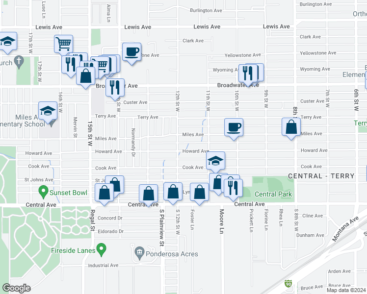 map of restaurants, bars, coffee shops, grocery stores, and more near 1148 Miles Avenue in Billings
