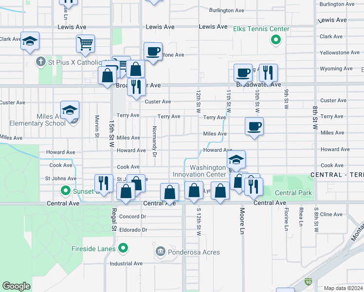 map of restaurants, bars, coffee shops, grocery stores, and more near 1225 Miles Avenue in Billings