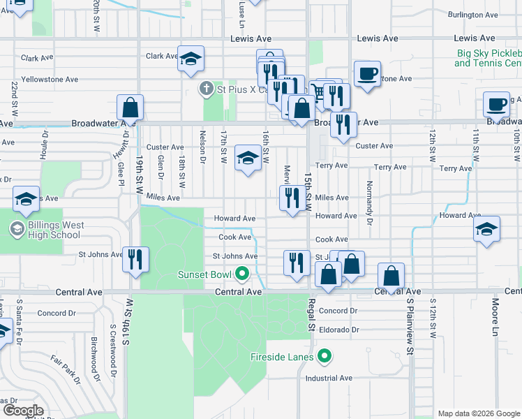 map of restaurants, bars, coffee shops, grocery stores, and more near 400-510 16th St W in Billings