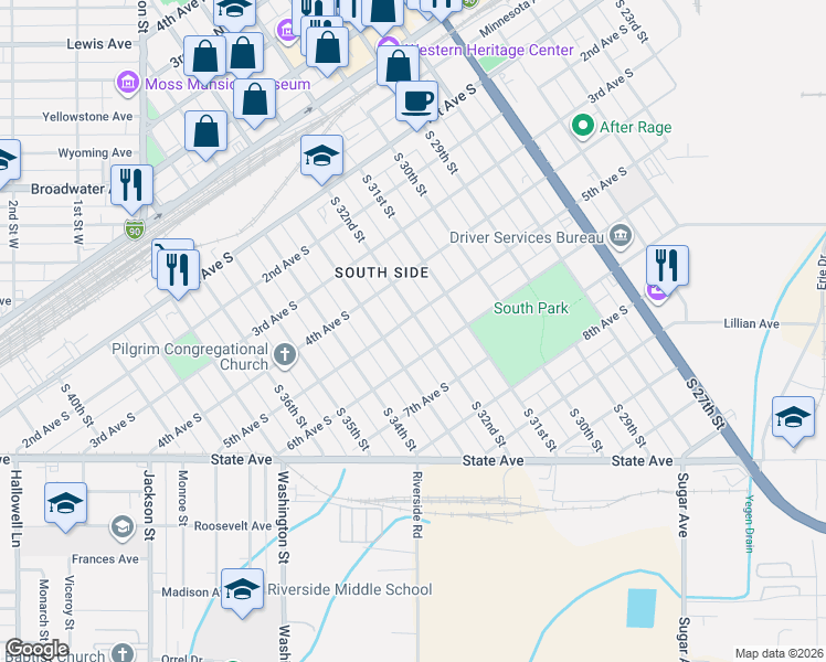 map of restaurants, bars, coffee shops, grocery stores, and more near 416 South 32nd Street in Billings