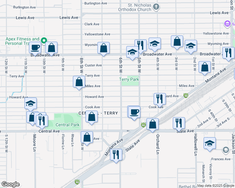 map of restaurants, bars, coffee shops, grocery stores, and more near 612 Miles Avenue in Billings
