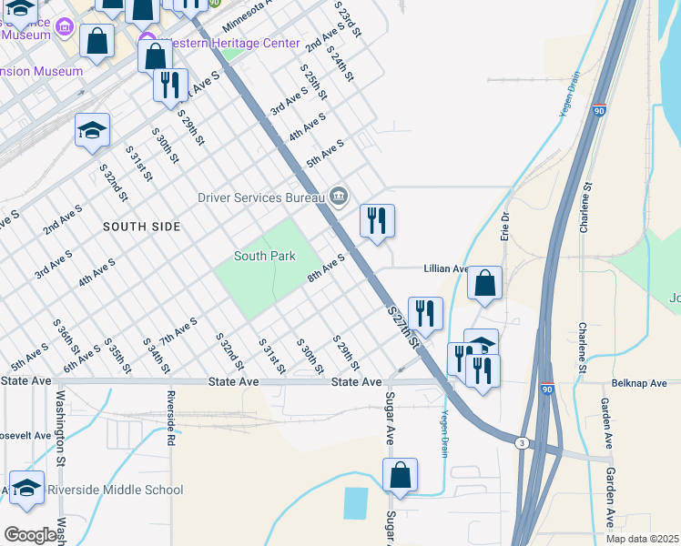map of restaurants, bars, coffee shops, grocery stores, and more near 724 South 27th Street in Billings