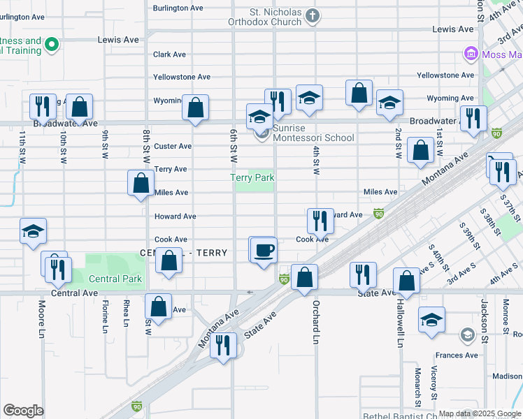map of restaurants, bars, coffee shops, grocery stores, and more near 532 Miles Avenue in Billings
