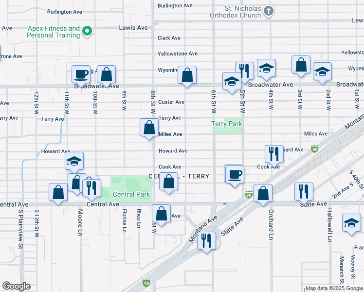 map of restaurants, bars, coffee shops, grocery stores, and more near 720 Miles Avenue in Billings