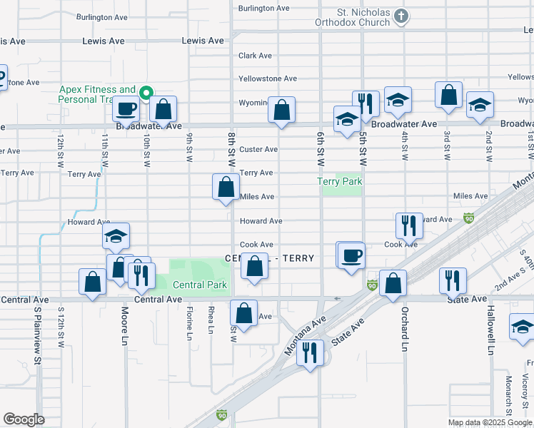 map of restaurants, bars, coffee shops, grocery stores, and more near 720 Miles Avenue in Billings
