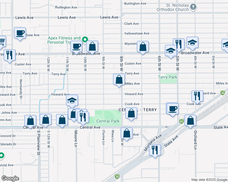 map of restaurants, bars, coffee shops, grocery stores, and more near 828 Miles Avenue in Billings
