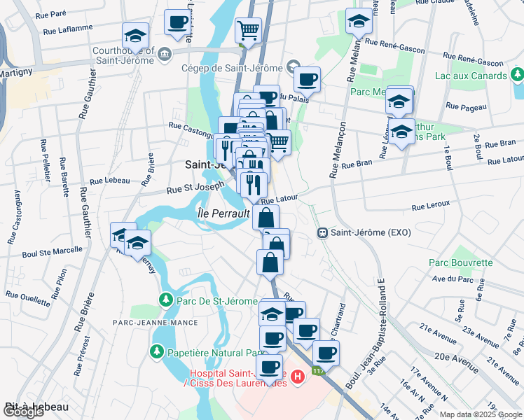 map of restaurants, bars, coffee shops, grocery stores, and more near 222 Québec 117 in Saint-Jérôme