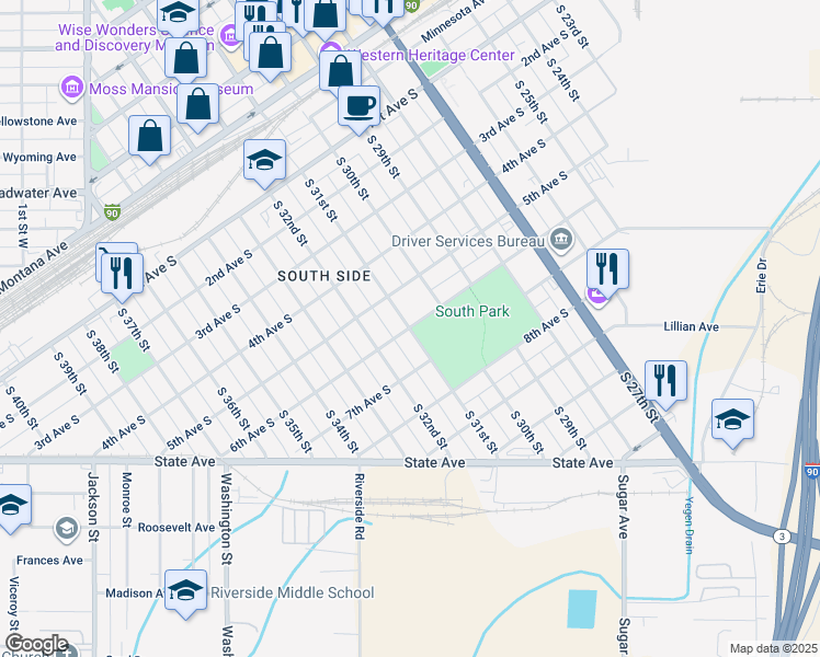 map of restaurants, bars, coffee shops, grocery stores, and more near 601 South 31st Street in Billings