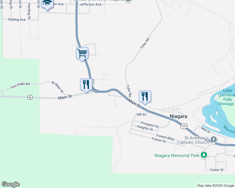map of restaurants, bars, coffee shops, grocery stores, and more near 708 U.S. 141 in Niagara