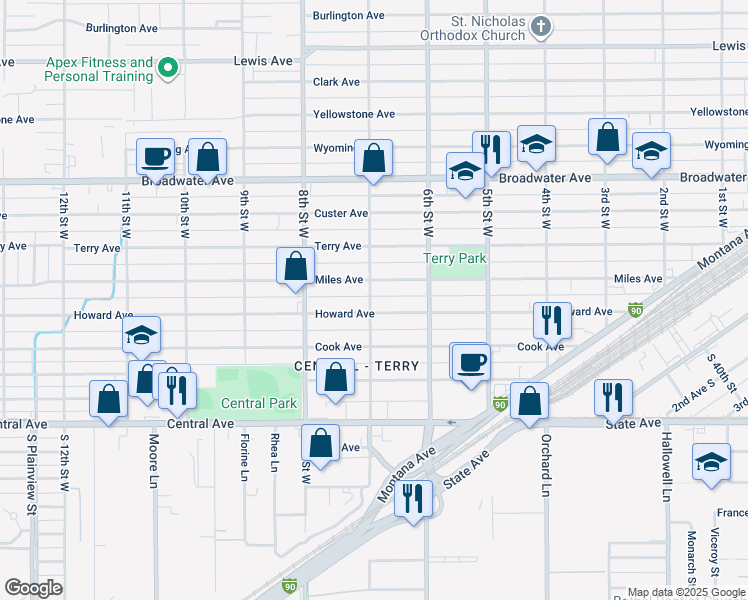 map of restaurants, bars, coffee shops, grocery stores, and more near 638 Miles Avenue in Billings