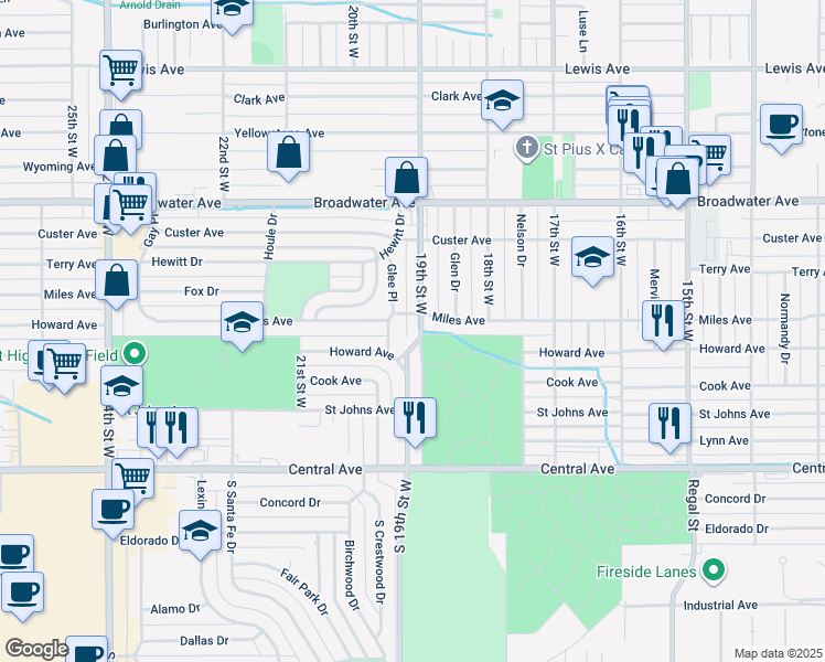 map of restaurants, bars, coffee shops, grocery stores, and more near 1841 Miles Avenue in Billings