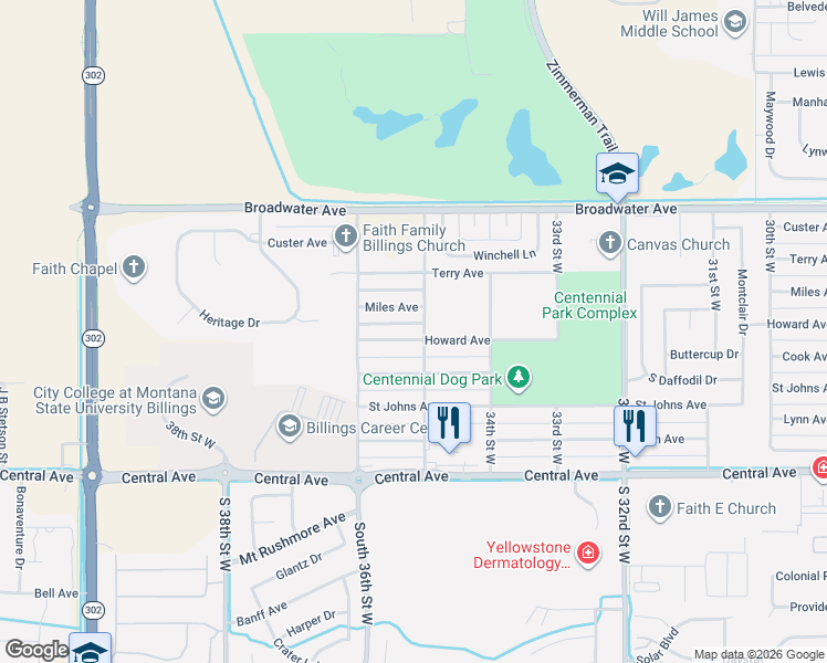 map of restaurants, bars, coffee shops, grocery stores, and more near 327 35th Street West in Billings
