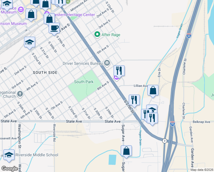 map of restaurants, bars, coffee shops, grocery stores, and more near 801 South 28th Street in Billings