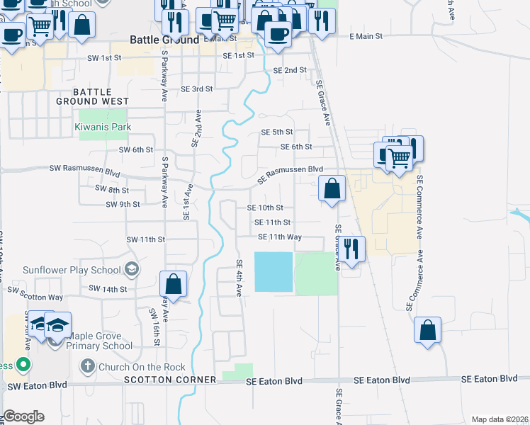 map of restaurants, bars, coffee shops, grocery stores, and more near 513 Southeast 10th Street in Battle Ground