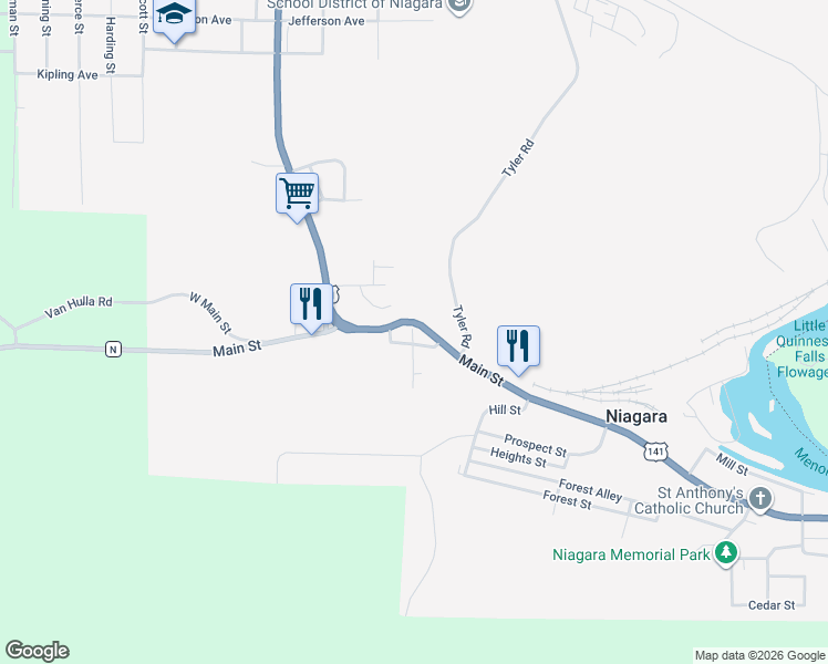 map of restaurants, bars, coffee shops, grocery stores, and more near 708 U.S. 141 in Niagara