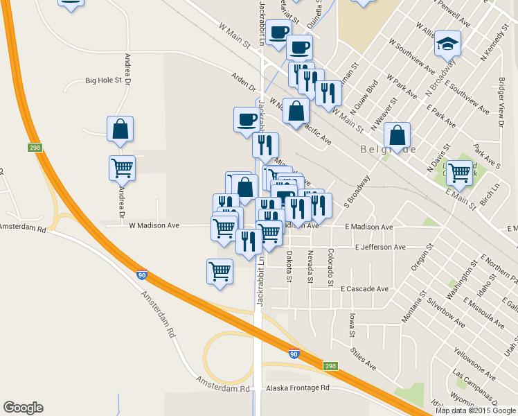map of restaurants, bars, coffee shops, grocery stores, and more near 403 Jackrabbit Lane in Belgrade