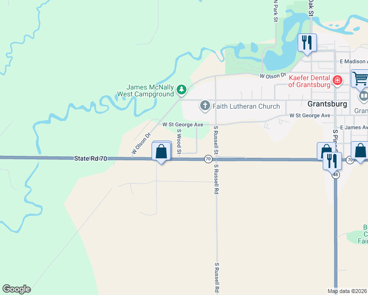 map of restaurants, bars, coffee shops, grocery stores, and more near 626 South Wood Street in Grantsburg