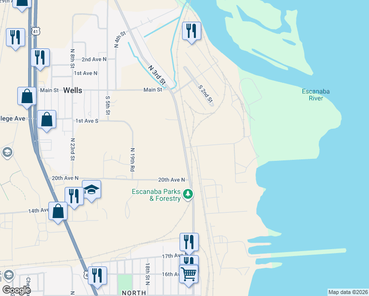 map of restaurants, bars, coffee shops, grocery stores, and more near County 426 M.5 Road in Escanaba