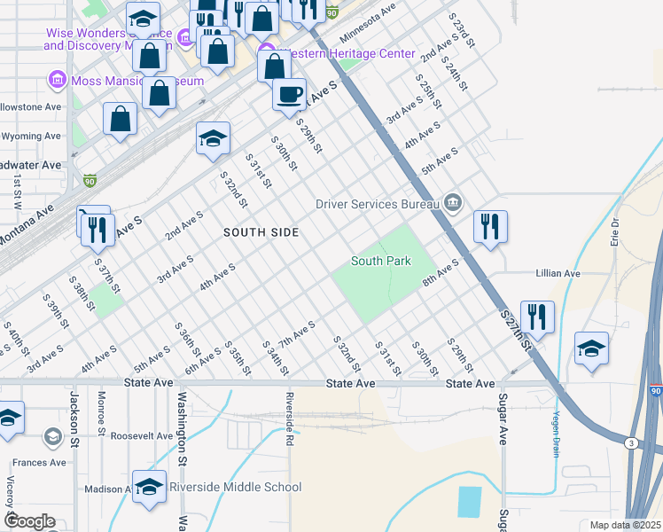 map of restaurants, bars, coffee shops, grocery stores, and more near 3015 6th Avenue South in Billings
