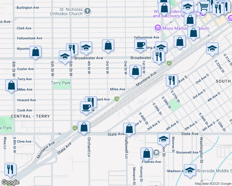 map of restaurants, bars, coffee shops, grocery stores, and more near 240 Miles Avenue in Billings
