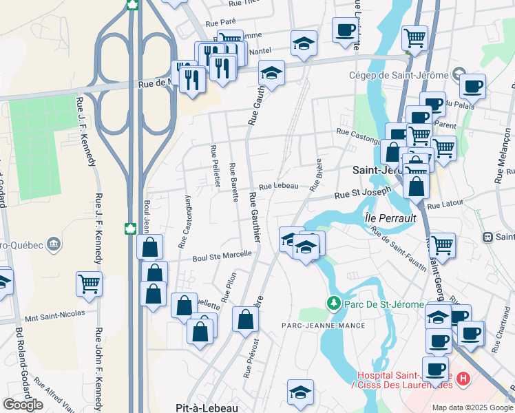 map of restaurants, bars, coffee shops, grocery stores, and more near 229 Rue Gauthier in Saint-Jérôme