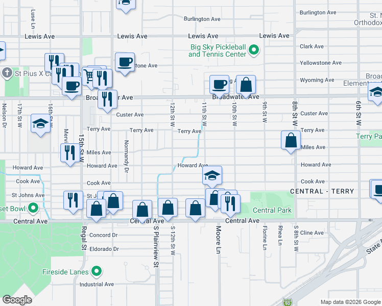 map of restaurants, bars, coffee shops, grocery stores, and more near 1112 Miles Avenue in Billings