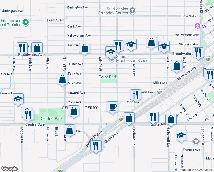 map of restaurants, bars, coffee shops, grocery stores, and more near 532 Miles Avenue in Billings